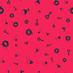 Set Balloons in form of heart, Bottle with love potion, Heart speech bubble and Key shape on seamless pattern. Vector