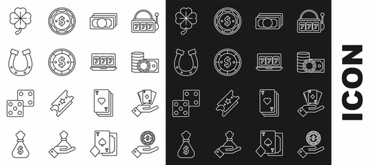 Set line Hand holding casino chips, deck of playing cards, Casino stacks money cash, Stacks paper, with dollar, Horseshoe, Four leaf clover and Online slot machine lucky sevens jackpot icon. Vector