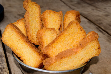 Crunchy Rusk or Toast for healthy life, Traditional biscuit , toast bread, crunchy toast, crispy milk rusk, toast plate on the table