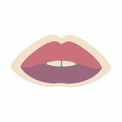 Aesthetics of the seventies, fun groovy lips sticker. Mouth and lips. Retro design, muted colors. Vector illustration.
