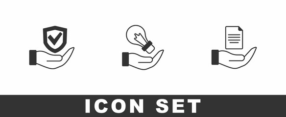 Set Shield in hand, Light bulb and Contract icon. Vector