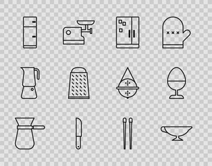 Set line Coffee turk, Sauce boat, Refrigerator, Knife, Grater, Food chopsticks and Chicken egg on stand icon. Vector