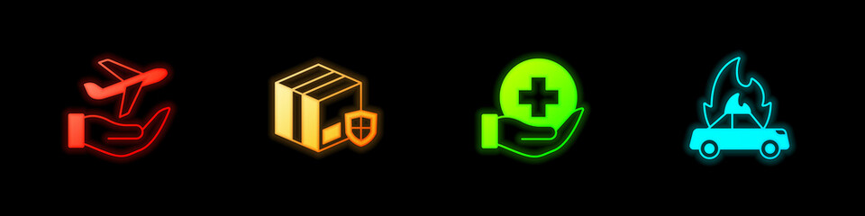 Set Plane in hand, Delivery security with shield, Life insurance and Burning car icon. Vector