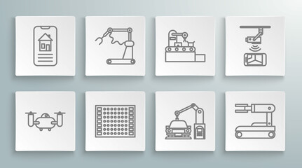 Set line Drone flying with action camera, Printed circuit board PCB, Robot, Factory conveyor system belt, Wireless Controlling CCTV security and Smart home icon. Vector