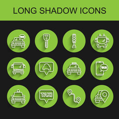 Set line Taxi car, Map pointer with taxi, Route location, call telephone service and icon. Vector