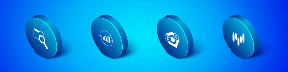 Set Isometric Search with folder, Financial growth, Browser stocks market and Pie chart infographic icon. Vector