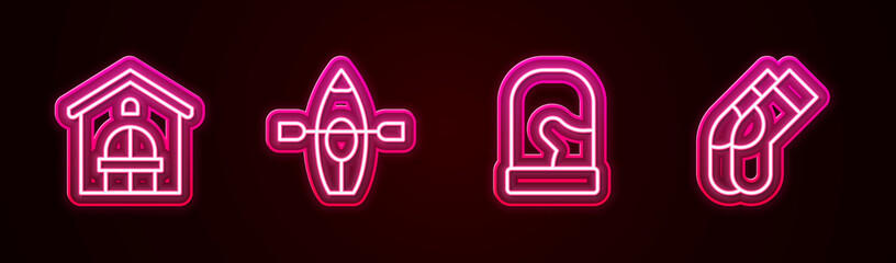 Set line Farm house, Kayak and paddle, Christmas mittens and Socks. Glowing neon icon. Vector