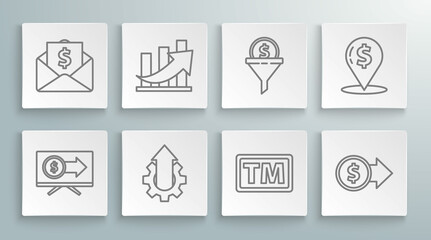 Set line Monitor with dollar, Financial growth and coin, Arrow gear business, Trademark, Coin money symbol, Lead management, Cash location pin and Envelope icon. Vector