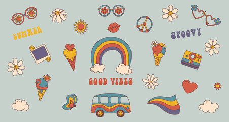 Set of Groovy retro elements with rainbow, ice cream, glasses, sun, kiss, cloud, daisy flower, hippie peace symbol, slogan grovy, good vibes. Isolated vector set icon in 1970s style.