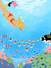 Obraz premium 海に潜ってシュノーケリングで魚の観察を楽しむ女性