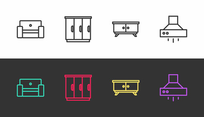 Set line Armchair, Wardrobe, Furniture nightstand and Kitchen extractor fan on black and white. Vector