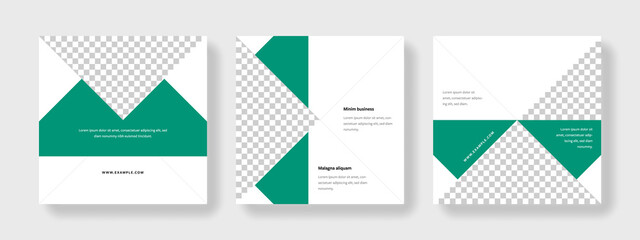Social media layouts with green elements, square web banners for modern corporation, elegant geometric graphic templates