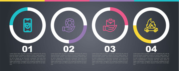 Set line Insurance online, Lifebuoy hand, Hand holding briefcase and Burning car. Business infographic template. Vector