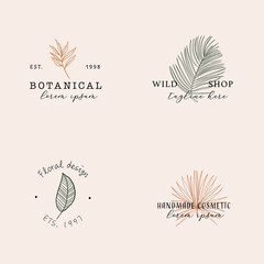 Collection of Premade Boho Hand Drawn Logo with Wild Tropical Palm and Leaves. Logo for spa and beauty salon, boutique, organic shop, wedding, floral designer, photography, cosmetic. Floral element