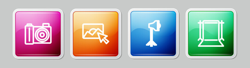 Set line Photo camera, retouching, Studio light bulb softbox and Empty photo studio. Colorful square button. Vector