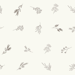 Hand Drawn Floral Seamless Pattern. Line art Style Flower Pattern for Fabric, Textile, Wrapping Paper, Wallpaper, Packing design. Wildflower texture. Vector