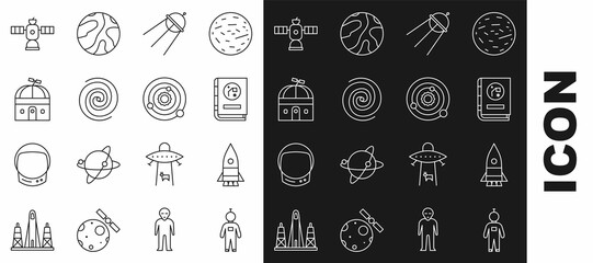 Set line Astronaut, Rocket ship, Book by astronomy, Satellite, Black hole, Astronomical observatory, and Solar system icon. Vector