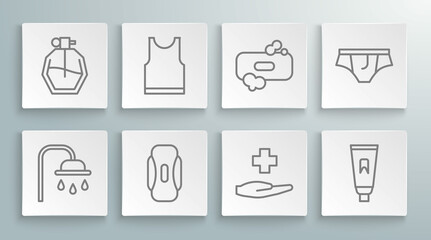 Set line Shower head, Sleeveless T-shirt, Sanitary napkin, Cross hospital medical, Tube of toothpaste, Bar soap, Underwear and Perfume icon. Vector
