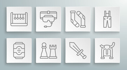 Set line Energy drink, Virtual reality glasses, Chess, Sword for game, Viking horned helmet, Socks, Pants with suspenders and Pendulum icon. Vector
