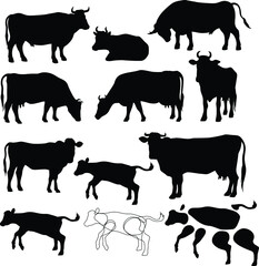 Vector silhouettes of caws, baby cows and bulls in different poses, assembled from separate parts