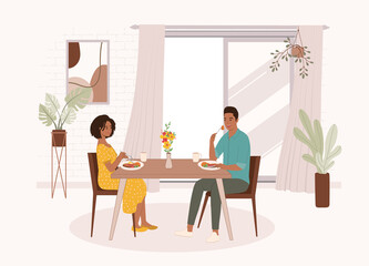 Smiling Black Couple Having Meal Together At The Dining Table Inside Their House. Full Length. Character, Cartoon.