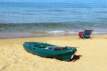 The boat stands on the beach on the Mediterranean Sea