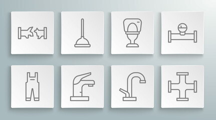 Set line Work overalls, Rubber plunger, Water tap, Industry metallic pipe, Toilet bowl, and manometer and Broken icon. Vector