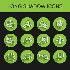 Fototapeta premium Set line House flood, Hand holding briefcase, Delivery security with shield, Money, insurance, hand, Plane and Safe icon. Vector