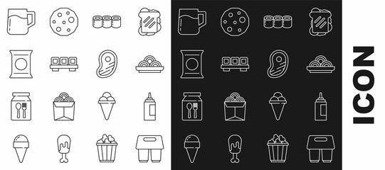 Set line Coffee cup to go, Sauce bottle, Asian noodles in bowl, Sushi, on cutting board, Bag or packet potato chips, Wooden beer mug and Steak meat icon. Vector