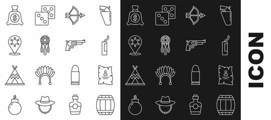 Set line Gun powder barrel, Wanted western poster, Dynamite bomb, Bow and arrow in quiver, Dream catcher with feathers, Hexagram sheriff, Money bag and Revolver gun icon. Vector © Oksana