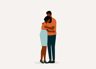 Emotional Black Married Couple Having Reconciliation After A Fight, Husband And Wife Hugging Each Other. Full Length. Character, Cartoon.