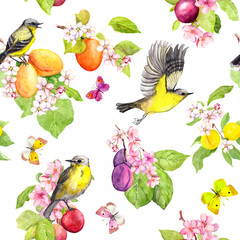 Fototapeta premium Birds, butterflies, fruits - summer seamless pattern with plum, cherry, apple branches, spring flowers. Watercolor background