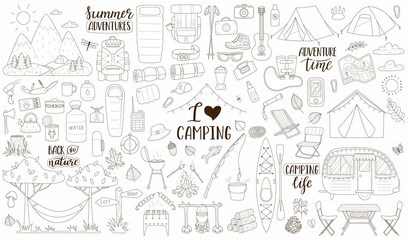 Doodle collection of elements for camping, traveling, hiking, outdoor recreation, picnic. Graphic objects for scrapbooking, posters, banners, stickers, cards. Outline vector illustration on white.