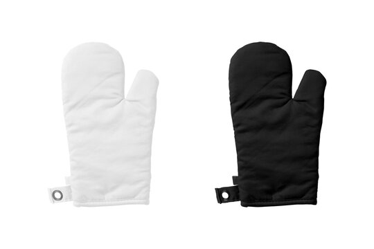 Blank oven mitt mockup template isolated on a white background. 3d rendering. Black and white Oven glove for hot dishes isolated on white, top view.