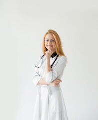 a doctor girl with red hair on a white background.