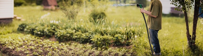 Farmer with garden hose and gun nozzle watering vegetable plants in summer. Gardening concept. Agriculture plants growing in bed row