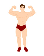 Young man bodybuilder character isolated on white background. Bodybuilding concept vector illustration in flat style. Cartoon full high body with muscles. Healthy sportive lifestyle