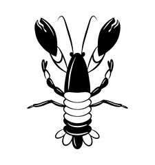 Lobster crustacean logo icon, graphic sea animal emblem, black fish shape sticker isolated on white background. Simple shellfish silhouette.