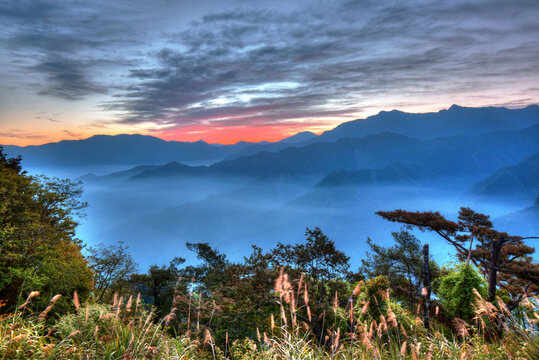 Sunrise over the mountain at Alishan National Forest Recreation Area, ChiayiCity, Taiwan