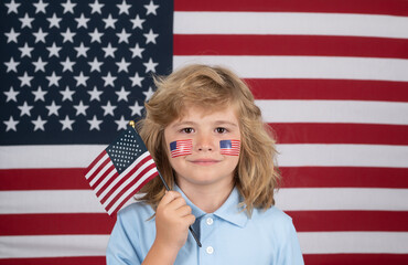 Kid celebration independence day 4th of july. United States of America concept. Child with american flag. Freedom and independence day.