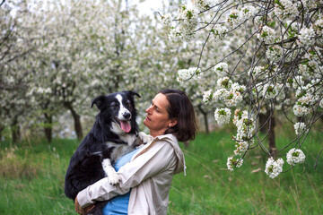 Woman and her dog is happy to be together outdoors. Pet owner holding her border collie in spring orchard. Friendship between animal and people. 