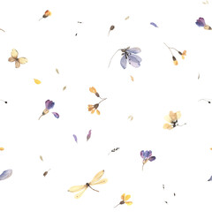 Minimalistic floral pattern with small flowers, petals, flying butterfly and dragonfly, wildlife watercolor print, seamless pattern purple and yellow colors, delicate illustration on white background. - 514366766