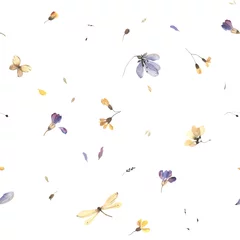Fotobehang Minimalistic floral pattern with small flowers, petals, flying butterfly and dragonfly, wildlife watercolor print, seamless pattern purple and yellow colors, delicate illustration on white background. © Nikole