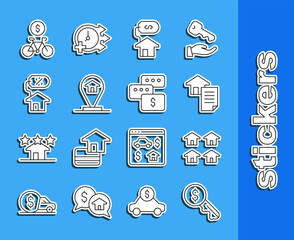 Set line Rent key, Real estate, House contract, with dollar, Location house, percant, Bicycle rental mobile app and Price negotiation icon. Vector
