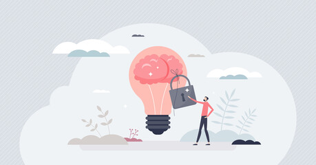 Intellectual property and legal copyright protection tiny person concept. Patent protection for new innovations, ideas and patents vector illustration. Author security for information piracy threat.