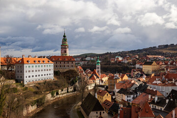 Naklejka na ściany i meble Beautiful view to church and castle in Cesky Krumlov, Czech republic
