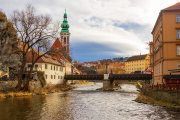 Beautiful view to church and castle in Cesky Krumlov, Czech republic