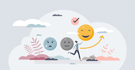 Fototapeta na wymiar Positive psychology as focus on well being attitude tiny person concept. Emotions and feelings improvement after psychological sessions and therapy treatment vector illustration. Change mind behavior.