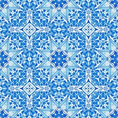 Blue white watercolor azulejos tile background. Seamless coastal geometric floral mosaic effect. Ornamental arabesque all over summer fashion damask repeat