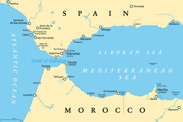 Strait of Gibraltar, political map. Also known as Straits of Gibraltar. Narrow strait, connecting the Atlantic Ocean to the Mediterranean Sea, separating the Iberian Peninsula from Morocco and Africa. © Peter Hermes Furian